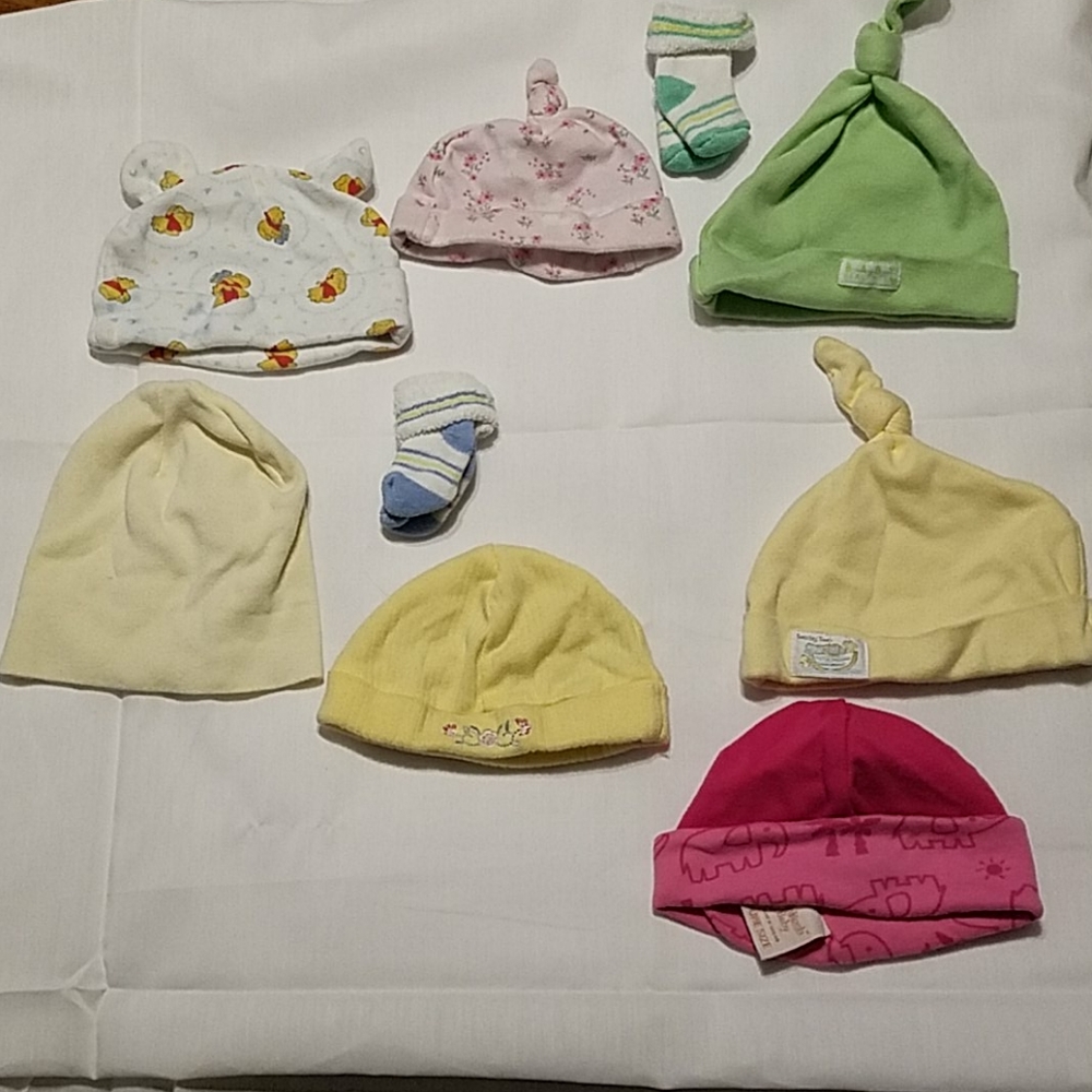 Lot of Just Born to 3 m.  baby hats & onesies.
